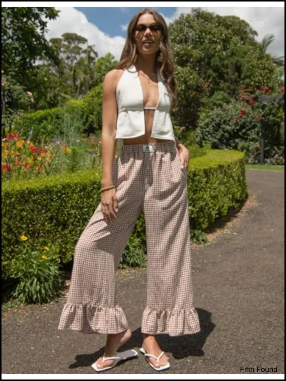 Plaid Wide Leg Pants Ruffle Hem Drawstring Palazzo with Pockets